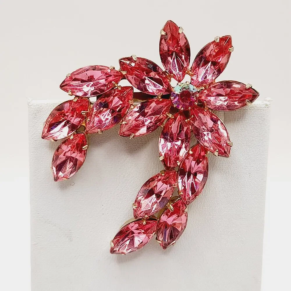 Vintage Pink Rhinestone Floral Spray Brooch AB Center Gold Tone 2.25”